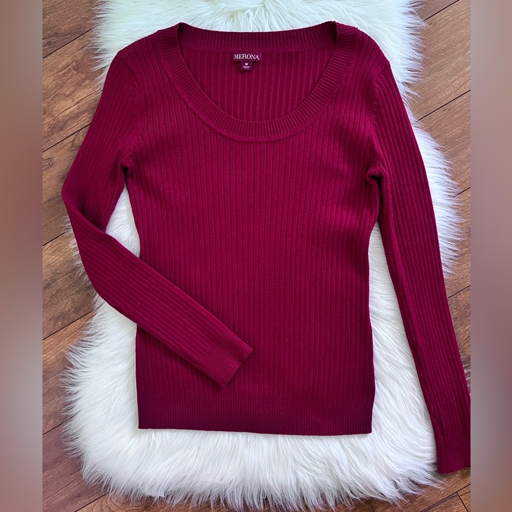 Merona Red Scoop Neck Long Sleeve Ribbed Knit Sweater-Size M